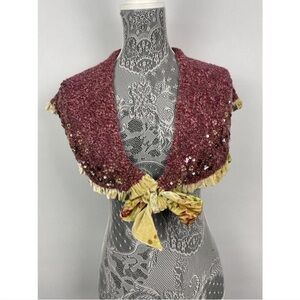 Moth Anthropologie Rose-Mauve Sequin Knit Scarf with Yellow Floral Bow Capelette